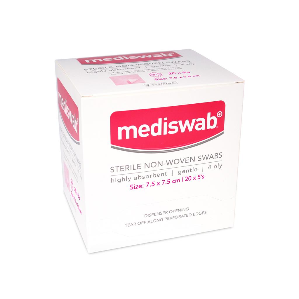 MEDISWAB STERILE NON WOVEN SWABS 7.5X7.5CM (BOX OF 20)