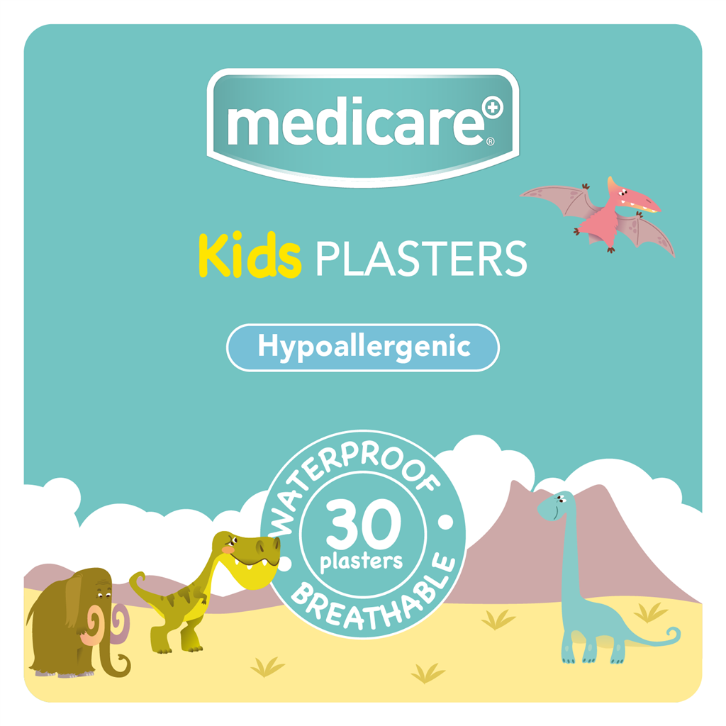 MEDICARE WATERPROOF KIDS PLASTERS 30`S (FUN DINOSAUR ) (DISPLAY OF 10)