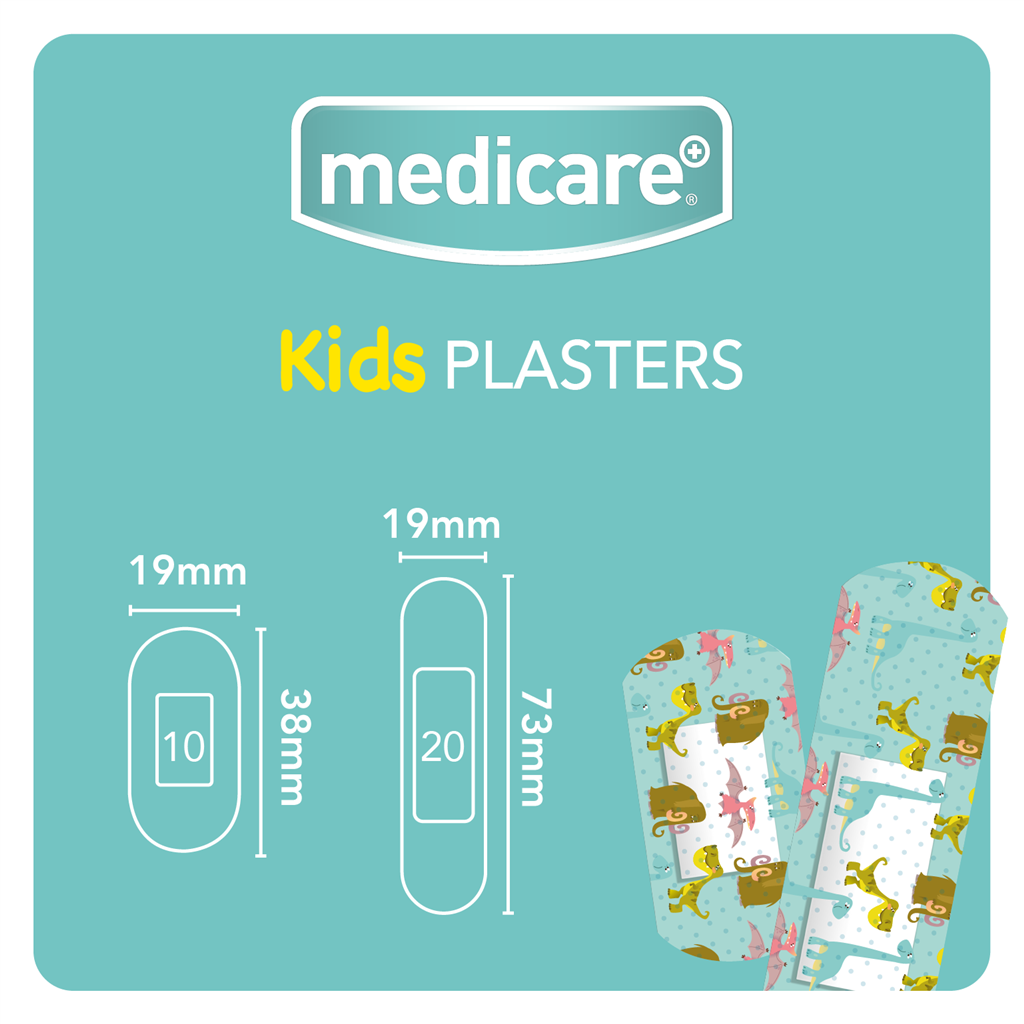 MEDICARE WATERPROOF KIDS PLASTERS 30`S (FUN DINOSAUR ) (DISPLAY OF 10)