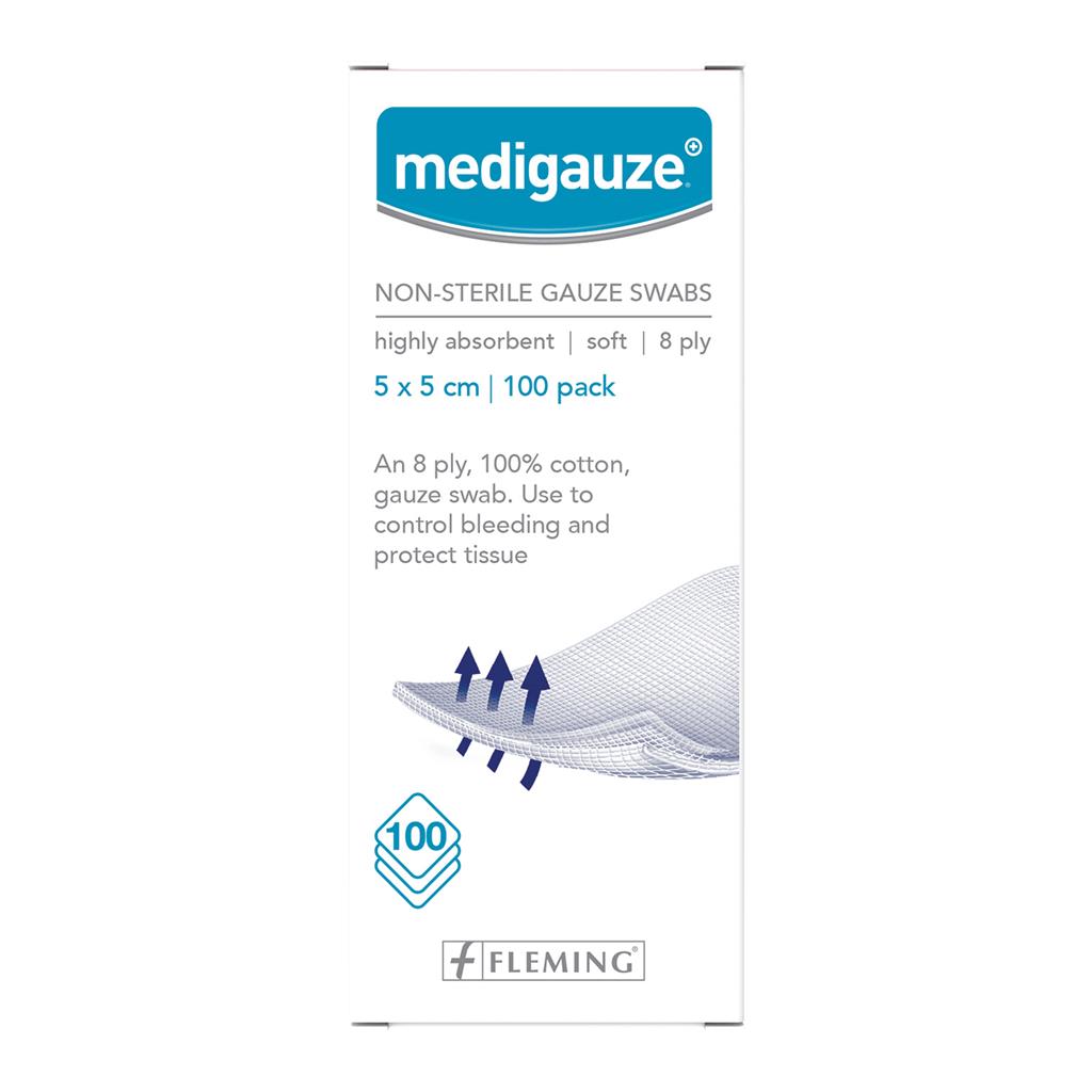 MEDIGAUZE NON-STERILE GAUZE SWABS 8PLY 5X5CM 100's