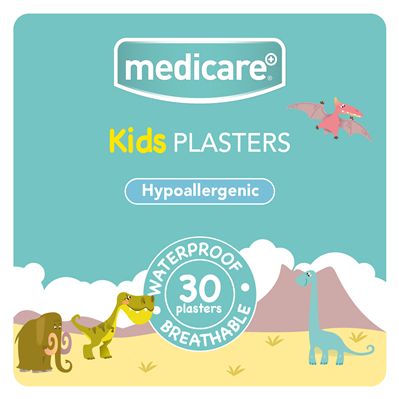 MEDICARE WATERPROOF KIDS PLASTERS 30`S (FUN DINOSAUR ) (DISPLAY OF 10)