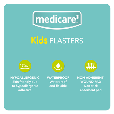 MEDICARE WATERPROOF KIDS PLASTERS 30`S (FUN DINOSAUR ) (DISPLAY OF 10)