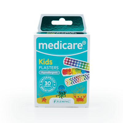 MEDICARE WATERPROOF KIDS PLASTERS 30'S (BRIGHT) (DISPLAY OF 10)